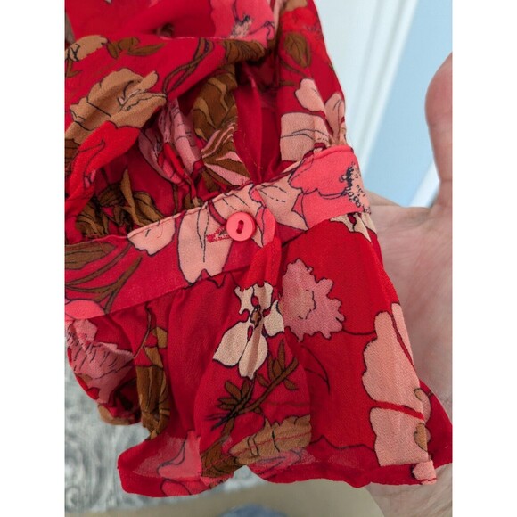 Zara Blouse Womens sz M Red Floral Print Ruffle Sheer Romantic Boho Chic Peasant - Picture 6 of 15